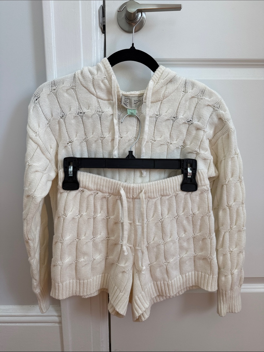 Anthropologie Cream Cable-Knit Hoodie and Shorts Set
